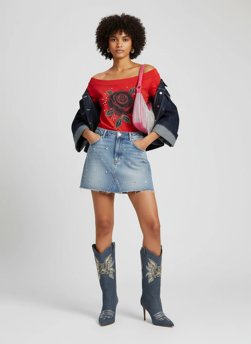 Urban Outfitters Rose Rhinestone Graphic Off-The-Shoulder Slim Tee 5